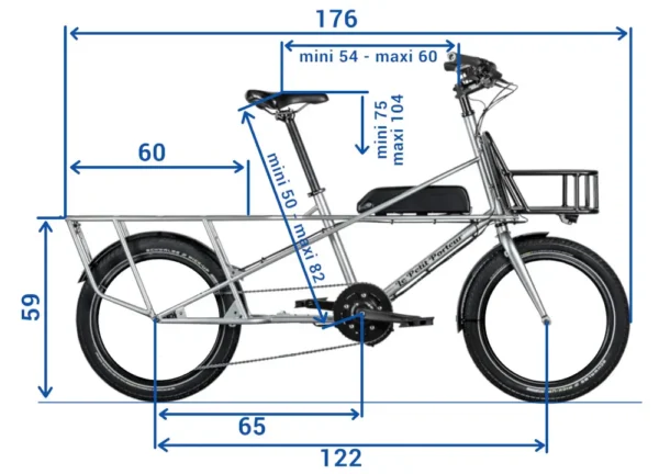 Les cotes du petit porteur Longtail électrique longueur 176 centimètres