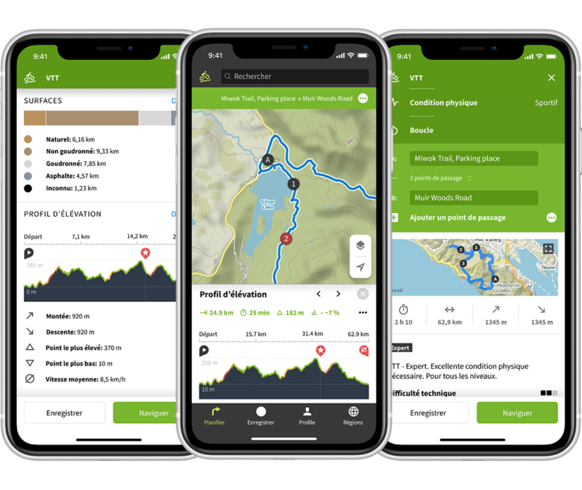 interface de l’application Komoot avec ses cartes et ses statistiques