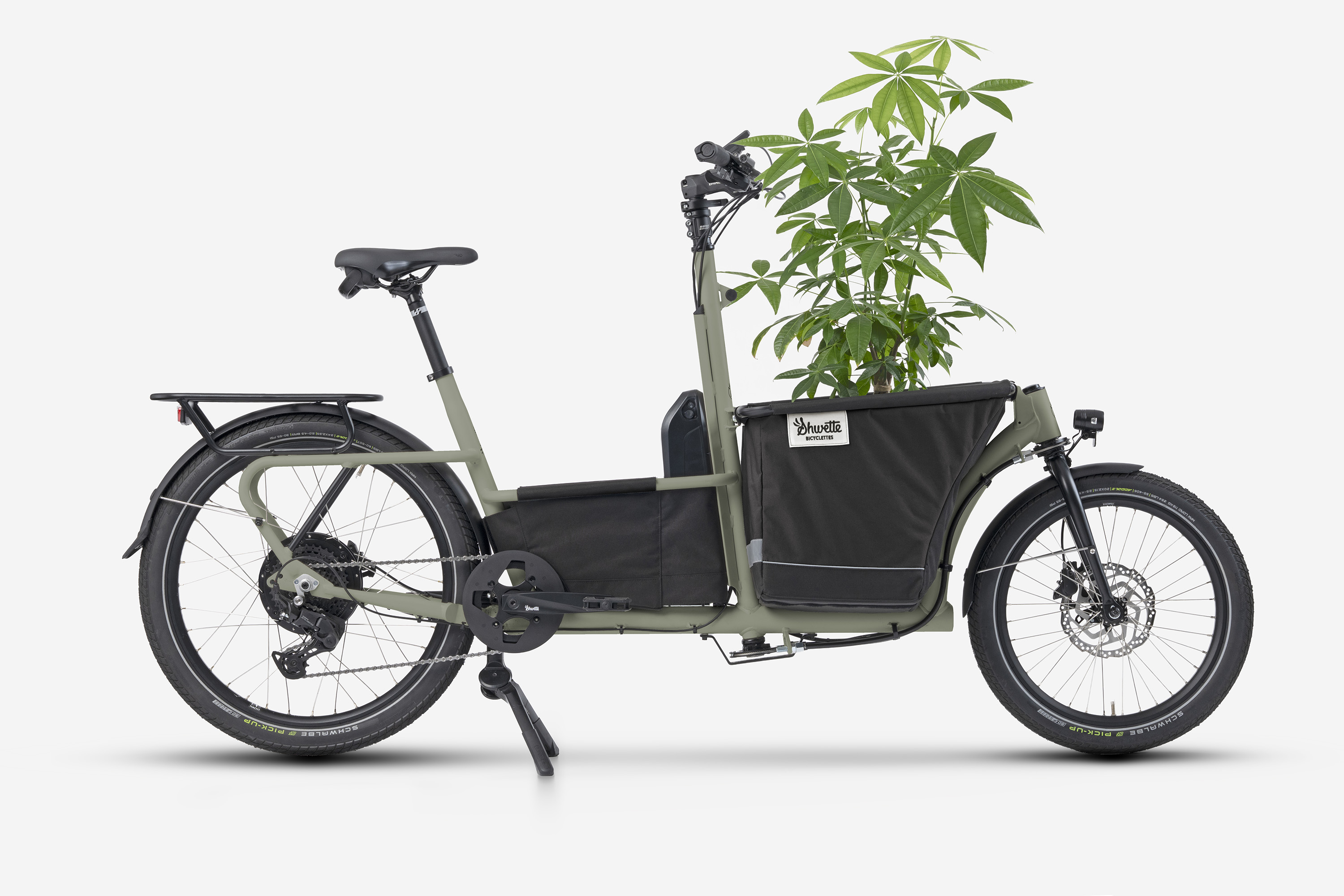 Le vélo Cargo Shwette Baggy vendu par Le Cycle Nantais peut transporter de nombreuses choses dont des cures, des colis et même une plante verte
