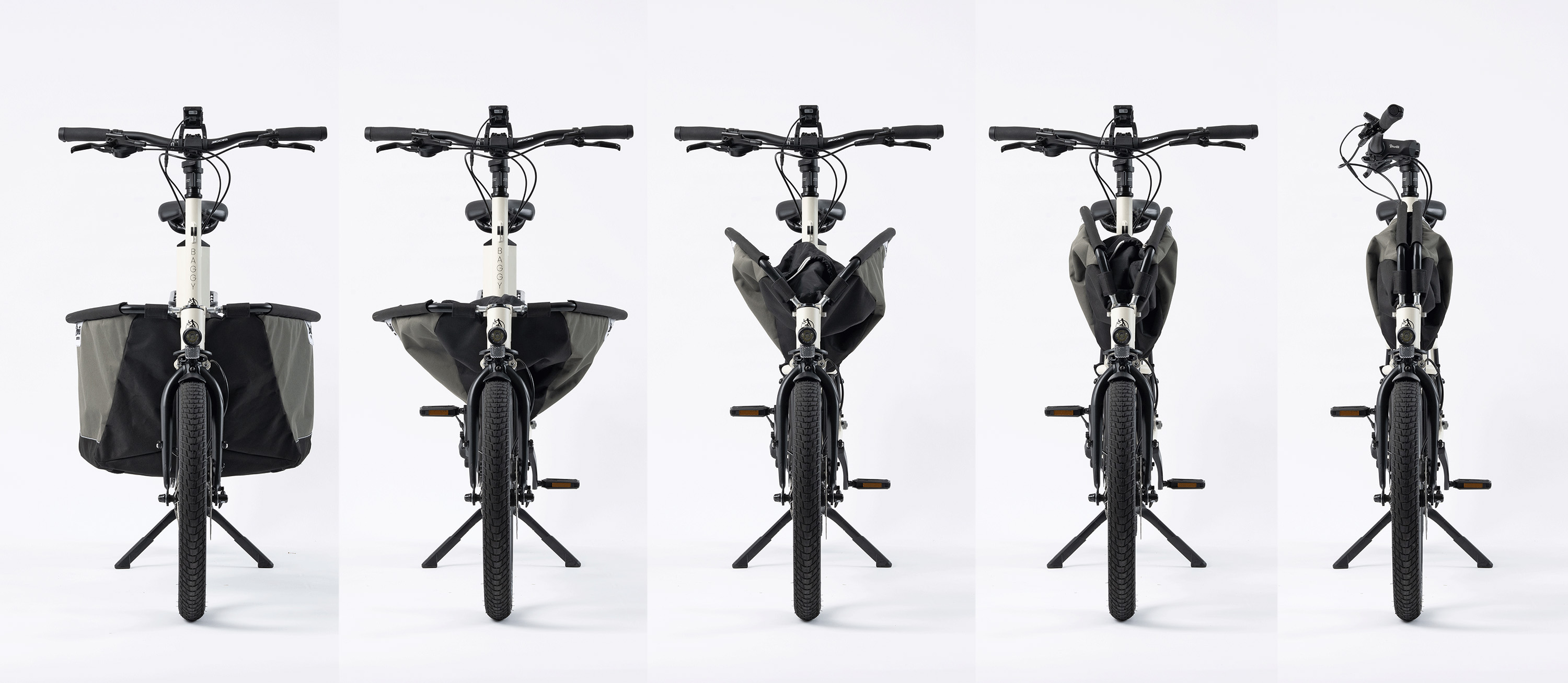 Photo du système très ingénieux qui permet de plier à la fois le guidon et la caisse de transport du vélo Shwette Baggy pour le ranger dans un minimum de place