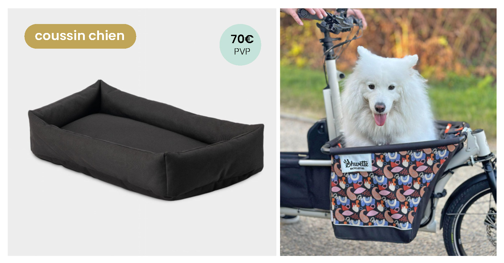 Présentation en accessoire du coussin pour chien qui se met dans la caisse de transport du vélo Shwette Baggy