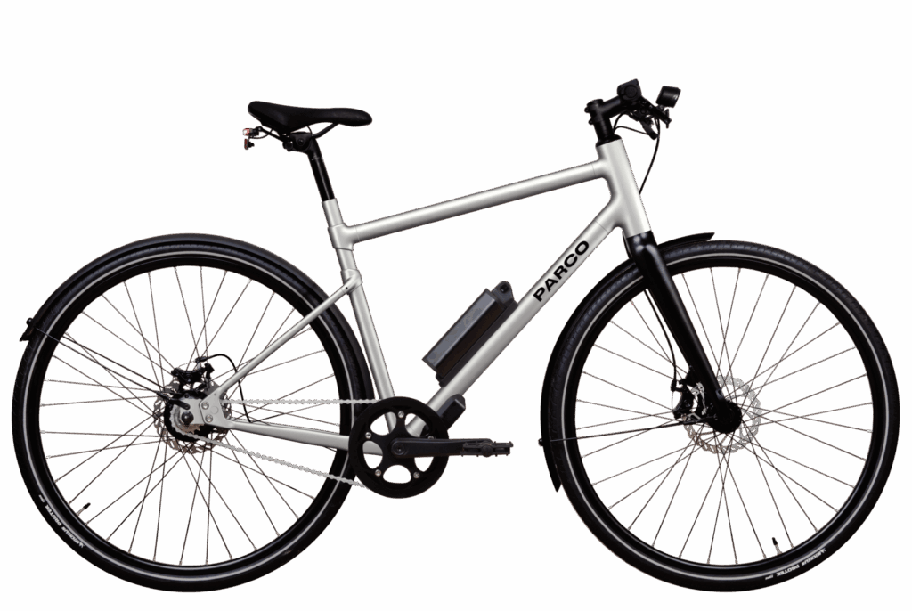 Vélo électrique Parco à cadre haut vu avec son tube transversal en coloris brut