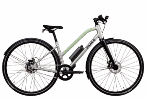 Vélo électrique Parco à cadre bas vu de profil avec son cadre transversal en coloris vert eau