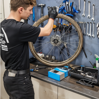 Une révision de la roue de vélo par un technicien de l'équipe réparation Lecyclenantais.fr
